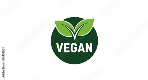 Vegan Label Design Promoting Healthy Eating & Plant-Based Lifestyle: Fresh Green Leaves Icon on Dark Green Circle for Eco-Friendly Products, Natural Food, Diet, Nutrition, Sustainability, Ethical Choi