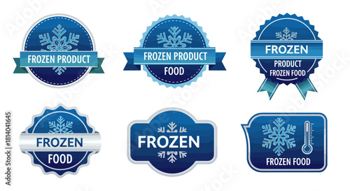 Collection of Frozen Food Product Labels for Marketing and Packaging in the Food Industry, Featuring Blue and White Designs with Snowflake Symbols, Temperature Gauge, and Ribbon Accents for Promotions