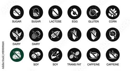 Allergen Information Icons Representing Food Intolerance on Clean White Backdrop for Nutrition and Healthcare Marketing: Simple Black Pictograms Emphasizing Dietary Restrictions for Health, Wellness,