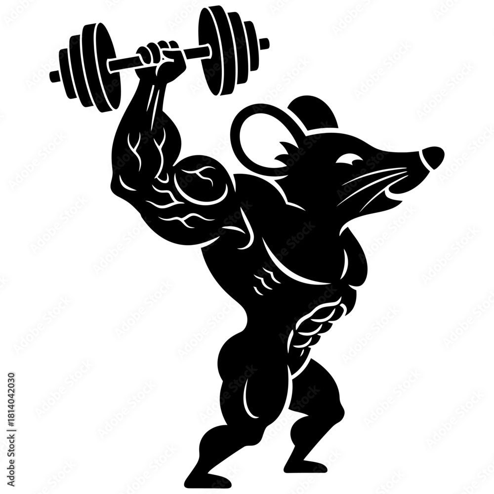 Fototapeta premium Muscular Mouse or Rat Lifting Dumbbell Overhead Vector Illustration