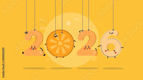 Playful cartoon numbers 2026 with happy faces and eyes celebrating a fun and lively year