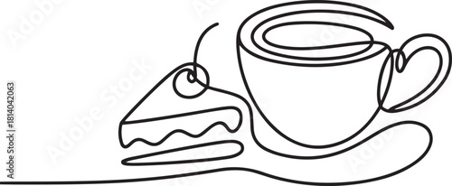 Coffee cup and cake one line continuous drawing. Vector illustration. Hand drawn linear silhouette. one line Icon drawing with white background