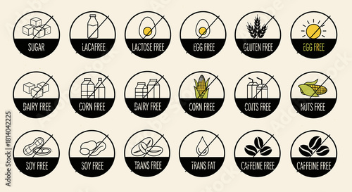 Allergen Information and Dietary Restrictions for Healthy Lifestyle Choices: A Comprehensive Set of Food Intolerance Icons Promoting Wellness and Nutritional Awareness in the Modern World, Ideal for D