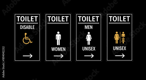 Modern Restroom Signage for Universal Accessibility: Illustrating Accessible Bathrooms, Men's, Women's, and Unisex Toilets with Directional Arrows for Clear Navigation in Public Spaces (Office, Airpor