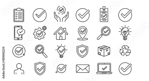 Check Mark Icons Set Verifying Tasks, Confirming Actions for Business and Technology Applications in a Modern Professional Style, Representing Validation, Accuracy, and Completion, Ideal for Presentat
