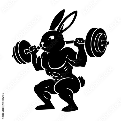 Strong Rabbit Bunny Bodybuilder Squatting with Barbell Vector Mascot