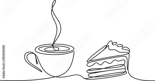 Coffee cup and cake one line continuous drawing. Vector illustration. Hand drawn linear silhouette. one line Icon drawing with white background