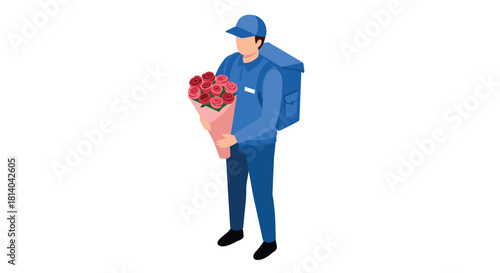 Isometric delivery worker with flowers concept of online flower delivery service