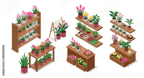Isometric indoor plant shelves with colorful potted flowers and greenery