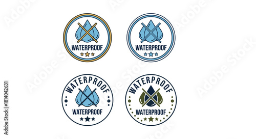 Waterproof Guarantee Seal Illustrations for Product Protection & Marketing: Assorted Vector Water Drop Icons with Crossed Lines & Star Ratings for Authenticity, Quality Assurance, and Consumer Confide