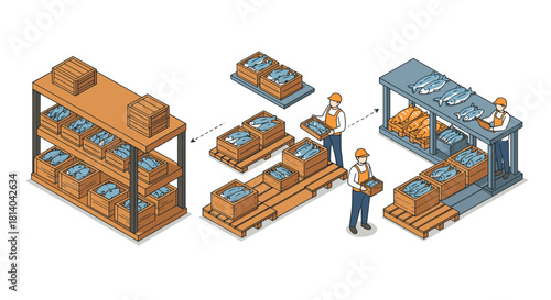 Warehouse operations with workers handling fish and meat in isometric style