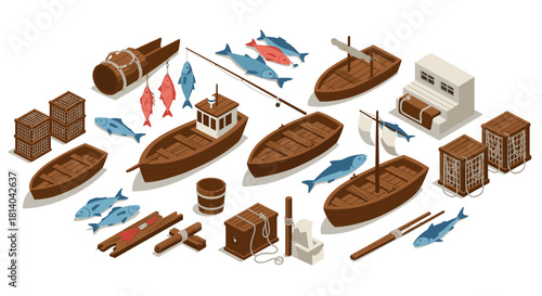 Isometric fishing boats and equipment with seafood elements in nautical theme