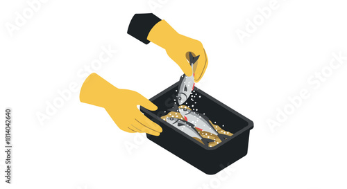 Isometric cleaning of fresh fish with yellow gloves in kitchen basin