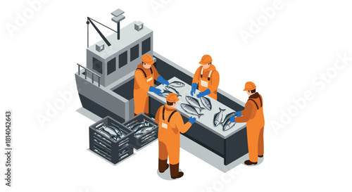 Isometric fishermen processing catch on boat with fresh fish and safety gear