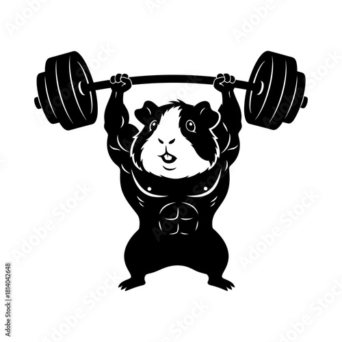 Strong Guinea Pig Hamster Bodybuilder Overhead Press Vector Logo