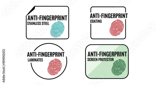 Anti-Fingerprint Surface Technology Icons Set Presenting Modern Material Innovation for Cleanliness & Hygiene Across Industries – Stainless Steel, Coating, Laminates, Screen Protector – Contemporary D