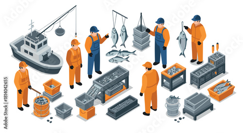 Isometric fishing industry workers and equipment scene with boat and fish processing