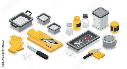 Isometric fish preparation scene with kitchen utensils and ingredients