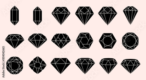 Collection of Geometric Diamond Shapes Arranged on Soft Pink Background for Jewelry Design & Creative Projects: Precious Gemstone Silhouettes, Crystal Facets, Luxury Icons for Fashion, Business Brandi