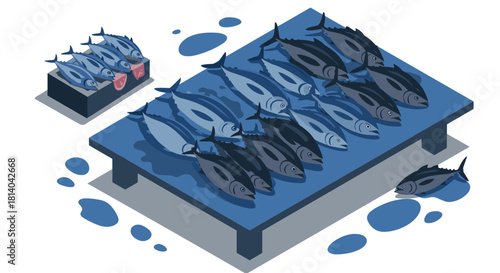 Fresh tuna display on market stall in isometric design