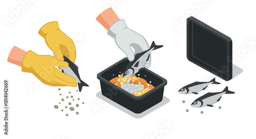 Isometric fish preparation and cooking process with hands and ingredients