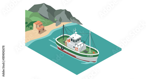 Isometric fishing boat on scenic coastal water