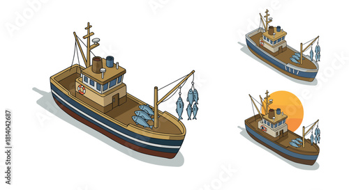 Fishing boat isometric design with fresh catch and sunset