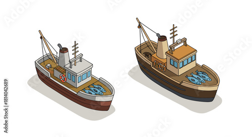 Isometric fishing boats with fish on decks in minimalist design