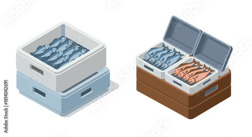 Isometric fish containers on white background seafood storage concept