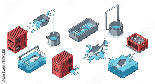 Isometric fish farming process with containers and water elements
