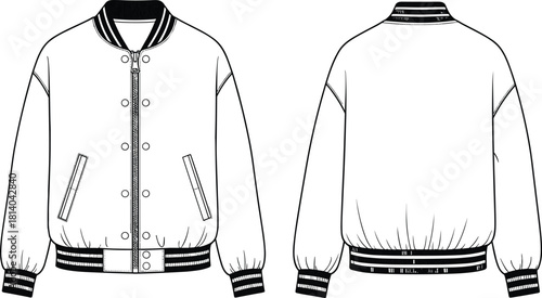 Blank vector technical fashion sketch of oversized unisex varsity bomber jacket front and back views for apparel design template, casual outerwear, clothing mockup.