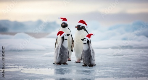 Cute Penguin Family Wearing Santa Hats on Antarctic Ice for Christmas