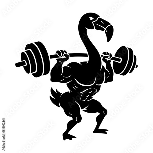 Muscular Flamingo Bird Bodybuilder Squatting with Barbell Vector Logo
