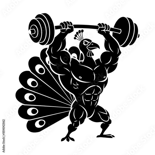 Beautiful Peacock Bird Bodybuilder Overhead Press Barbell Vector Logo