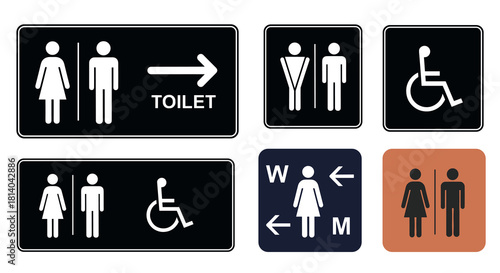 Diverse Restroom Signage Collection: Indicating Toilet Facilities for All Genders and Accessibility, Providing Clear Guidance in Public Spaces, Ideal for Hotels, Airports, and Offices, Black & White M