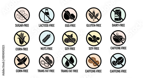 Allergen-Free Diet Icons Promoting Healthy Eating in Food Industry: A Visual Guide to Sugar, Lactose, Egg, Gluten, Dairy, Corn, Nuts, Soy, Caffeine, Trans Fat-Free Nutrition for Health, Wellness, Mark