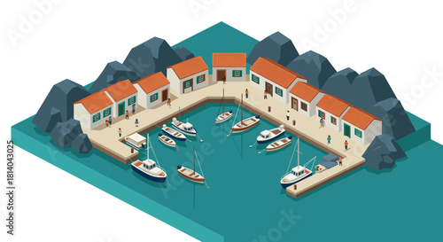 Mediterranean coastal harbor with boats and white houses in isometric style