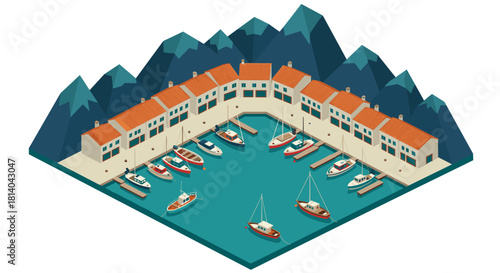 Charming isometric marina with colorful boats in front of coastal houses and dramatic mountains