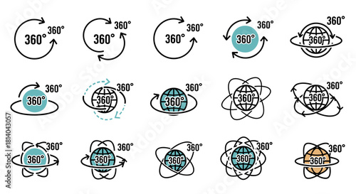 360-Degree View Icons for Virtual Reality and Global Business, Demonstrating Complete Rotation in a Modern Technology Context, Ideal for Presentations and Marketing Materials, Showing Innovation and C