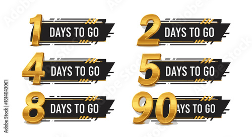 Golden Countdown Stickers: Days to Go Banners Announcing Sale Event Date with 1, 2, 4, 5, 8 and 90 Numbers in Black and Gold for Marketing Campaigns and Website Design, Ideal for E-commerce Promotion