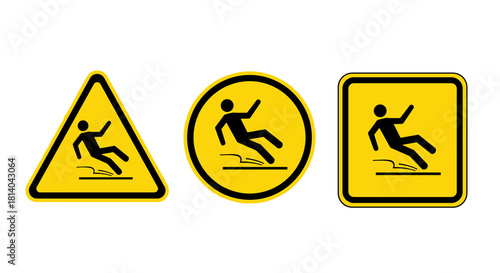 Caution Slippery Surface Symbol Collection: Workplace Safety Awareness for Construction Sites & Industrial Environments, Hazard Prevention & Risk Management, Featuring Warning Signs in Triangle, Circl