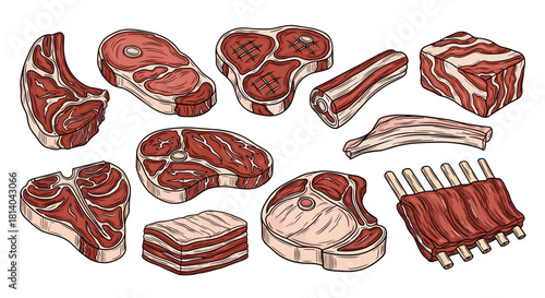 Assortment of Fresh Raw Meat Cuts for Culinary Creations, Featuring Ribeye, T-Bone, Ribs, and Brisket Ready for Grilling and BBQ Preparation, Ideal for Food Presentation and Butcher Shop Marketing, in