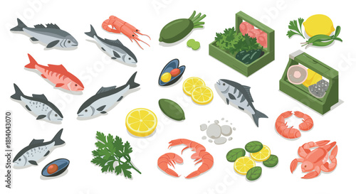 Fresh seafood and ingredients in isometric style with fish, shellfish, herbs, and vegetables