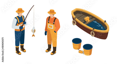 Isometric fishing scene with fishermen, boat, and gear