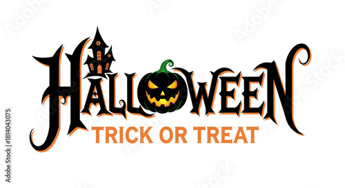 Eerie Halloween Pumpkin and Haunted House Typography Illustration: Spooky Season Celebration Art for Invitations, Decorations, and Party Themes, Trick-or-Treat Event Advertising, Festive Design, Black