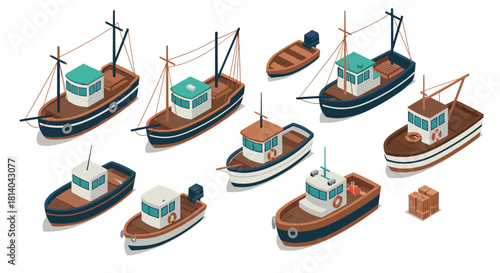 Collection of isometric fishing boats and cargo on white background