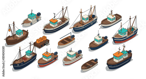 Charming isometric fishing boats collection for nautical designs