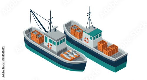 Isometric fishing boats with fresh catch and crates on white background