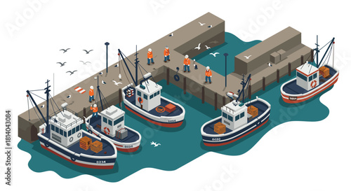 Isometric fishing port scene with boats and fishermen at the harbor