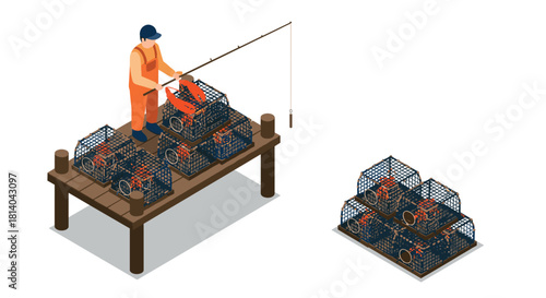 Fisherman with lobster traps on dock in isometric design with net cages and orange outfit